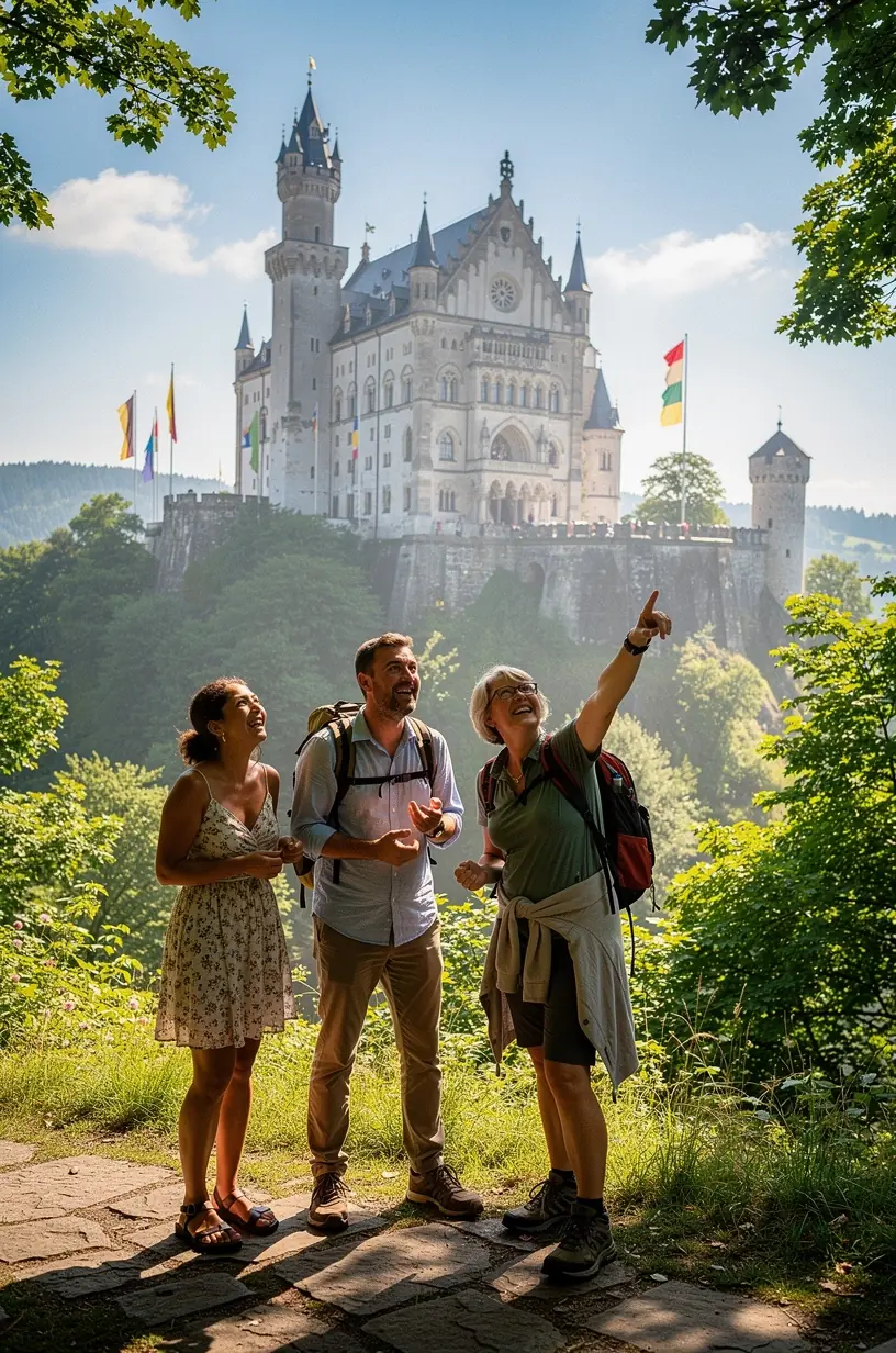 Übersichtskarte eines Reiseplans mit markierten Burgen und kulturellen Highlights für eine strukturierte und informative Tour durch Deutschland.